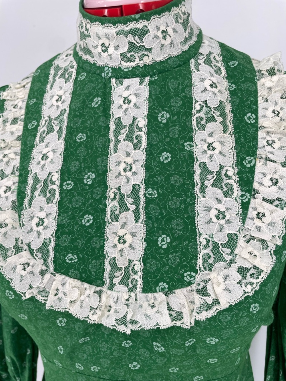 1970s Green High Neck Voluminous Long Sleeve Handmade Prairie Dress Lace Accents - Picture 11 of 15